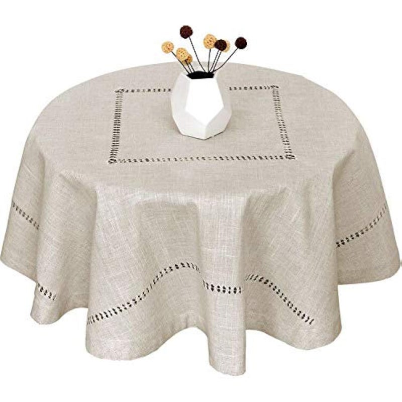 Grelucgo Handmade Double Hemstitch Natural Tablecloth, Round 60 Inch - Image 1